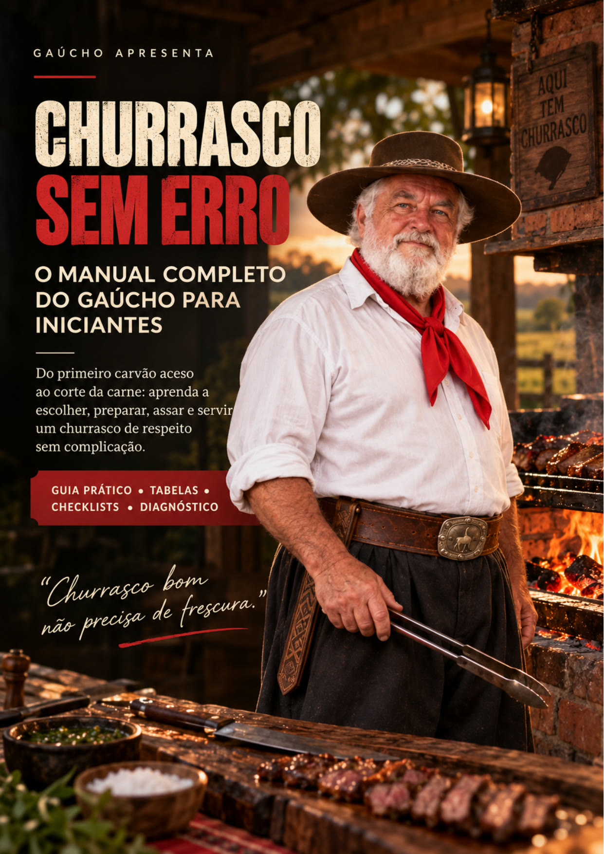 Capa do manual Churrasco Sem Erro, com o Gaúcho diante da churrasqueira