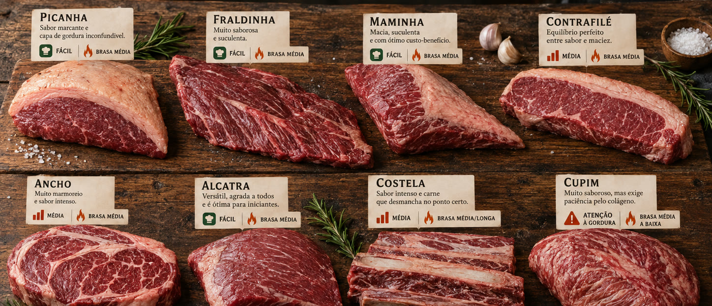 Cortes bovinos do manual: picanha, fraldinha, maminha, contrafilé, ancho, alcatra, costela e cupim