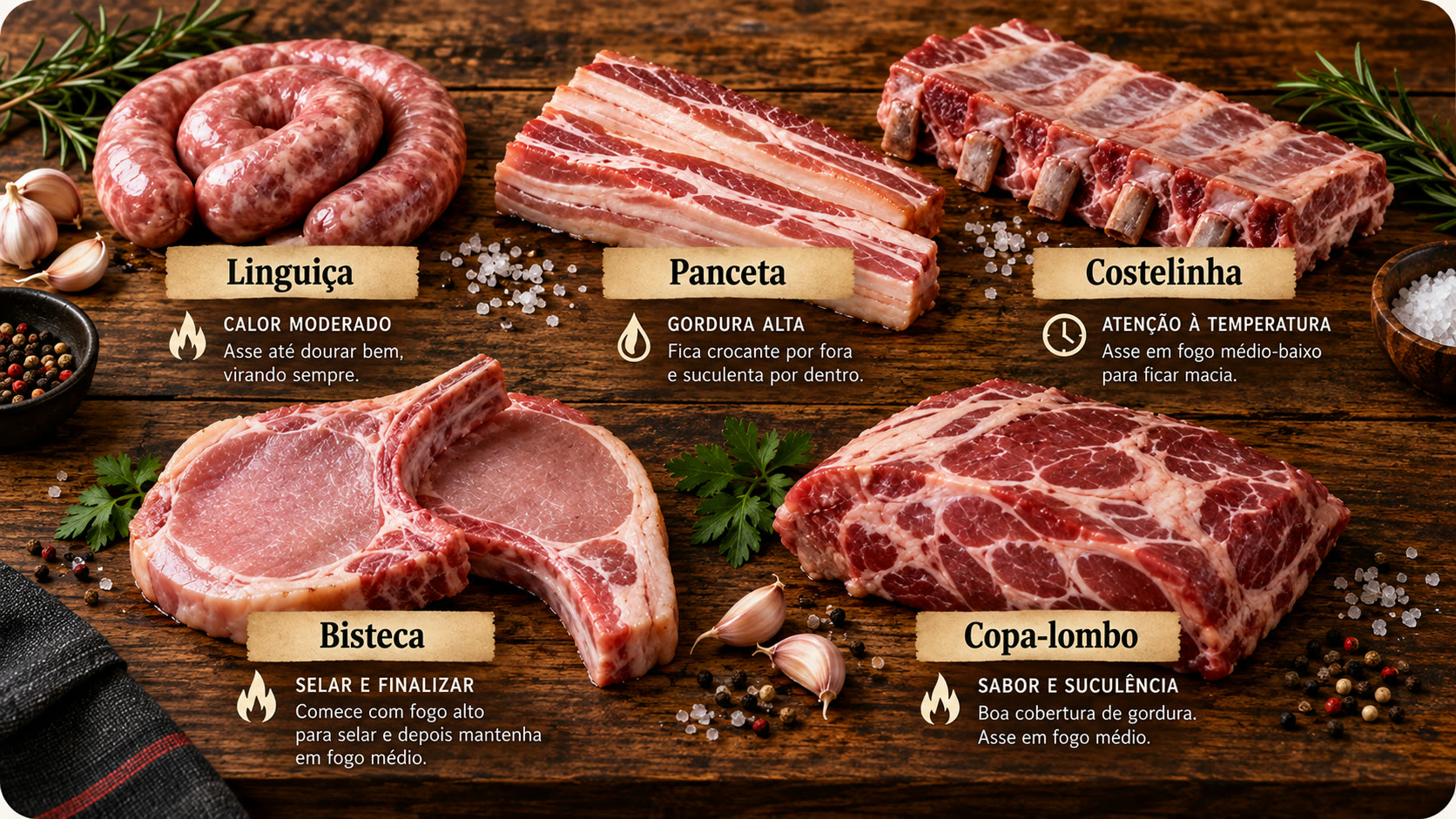 Cortes suínos do manual: linguiça, panceta, costelinha, bisteca e copa-lombo